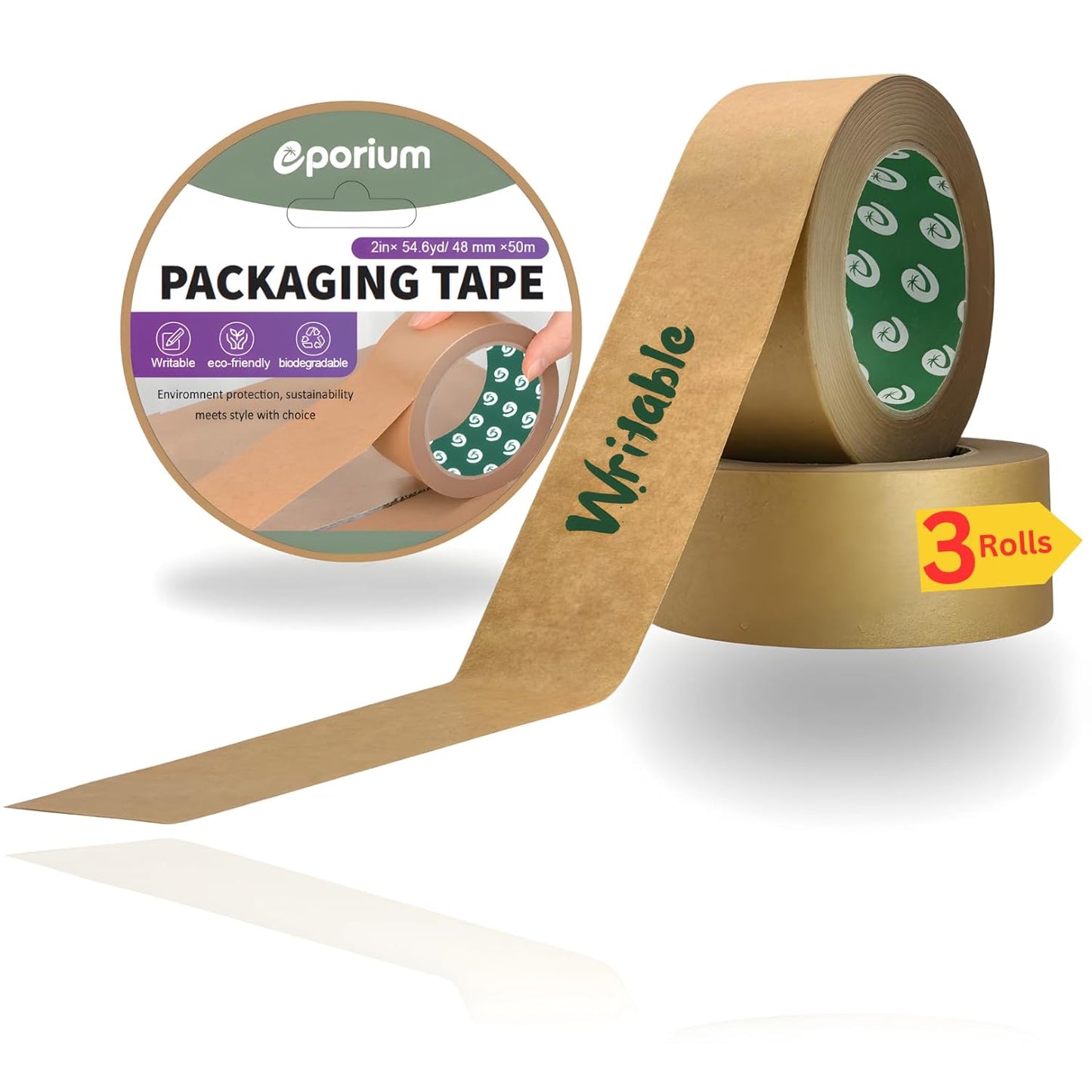Premium Paper Packing Tape – (2 in × 55 yd) Set of 3 Self-Adhesive • 100% Recyclable & Biodegradable • Heavy-Duty