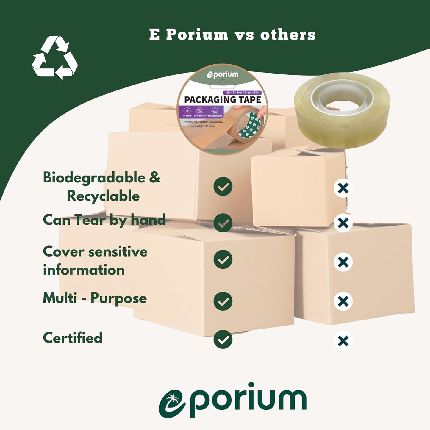 Premium Paper Packing Tape – (2 in × 55 yd) Set of 3 Self-Adhesive • 100% Recyclable & Biodegradable • Heavy-Duty