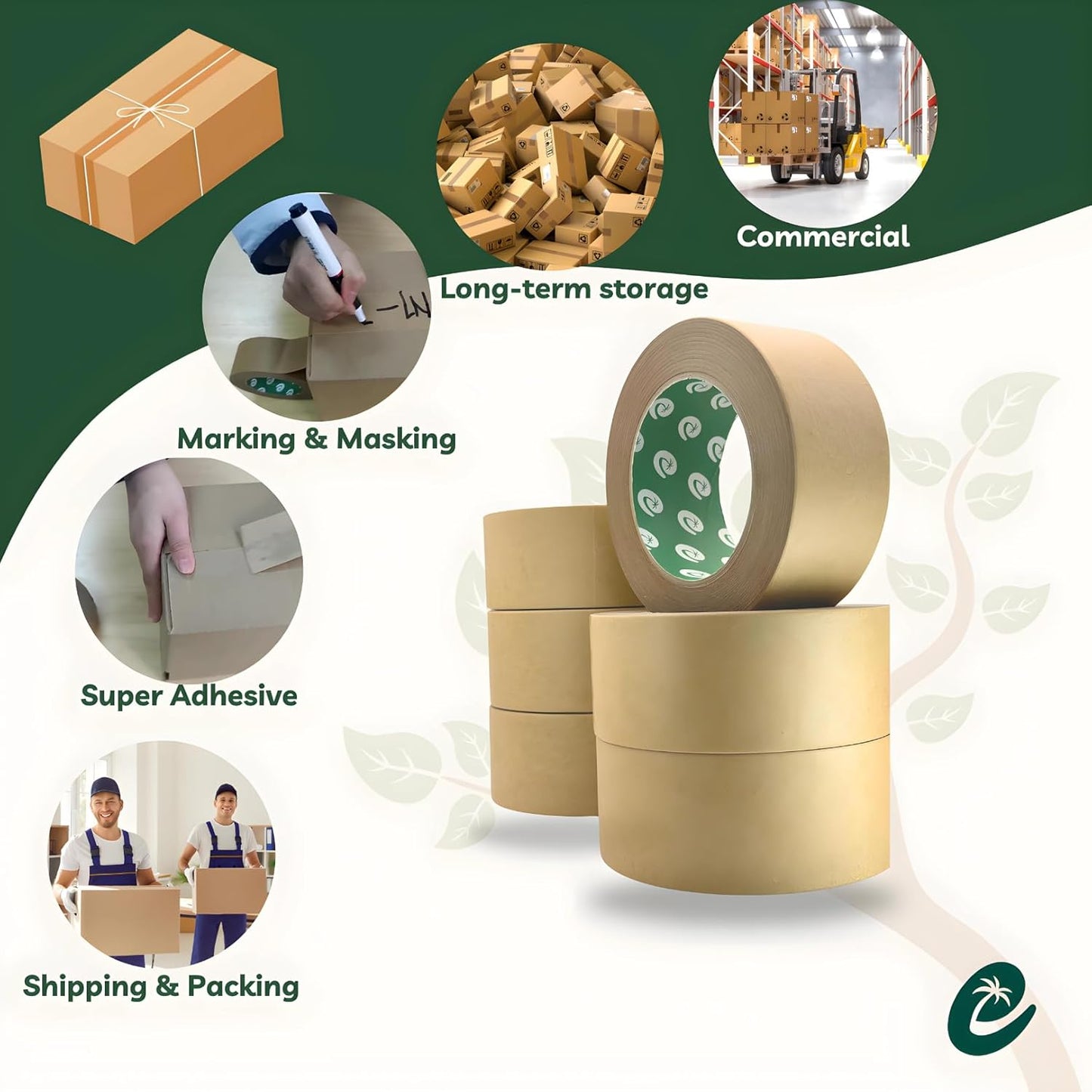 Premium Paper Packing Tape – (2 in × 55 yd) Set of 3 Self-Adhesive • 100% Recyclable & Biodegradable • Heavy-Duty