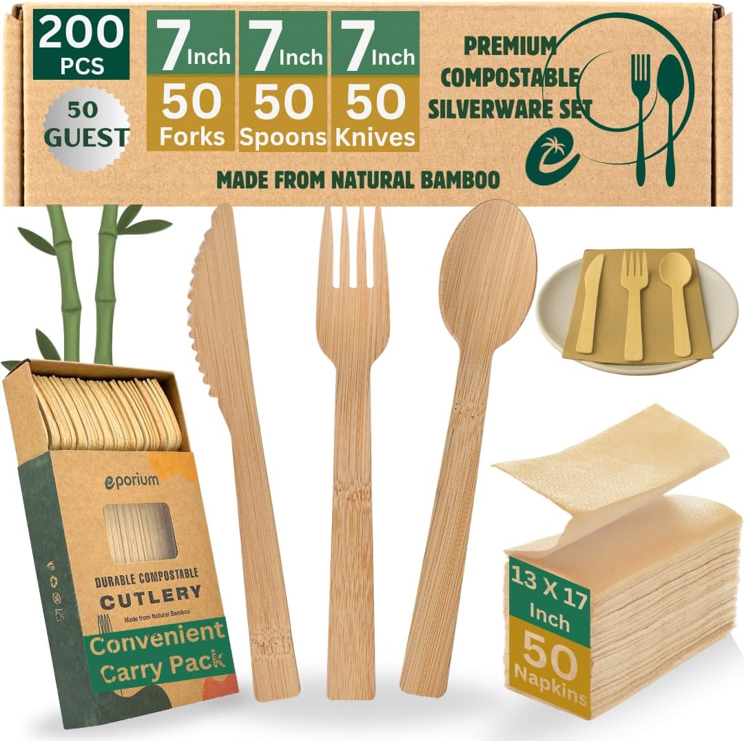 Bamboo Cutlery Set –  Premium Compostable Silverware 200 pc.