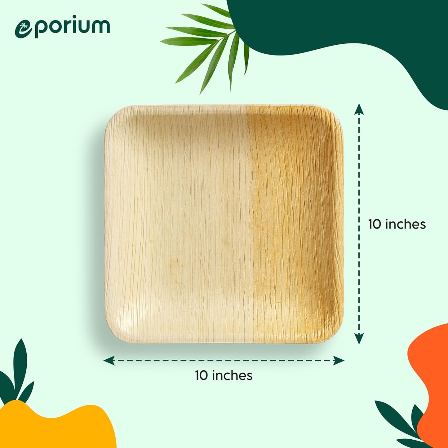 Square Palm Leaf Plates | 10 Inches | Heavy-Duty, Microwave-Safe, 100% Compostable Dinnerware
