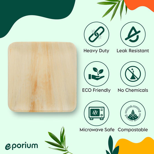 Square Palm Leaf Plates | 10 Inches | Heavy-Duty, Microwave-Safe, 100% Compostable Dinnerware